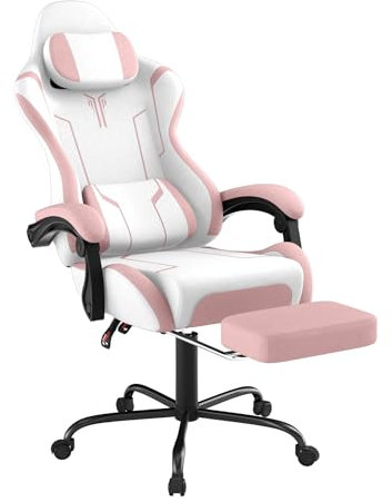 NAIZY Sedia da gaming, da ufficio, ergonomica, con inclinazione regolabile di 135°, cuscino lombare e braccioli, poggiapiedi, sedia da gioco, altezza regolabile fino a 150 kg, rosa (KJ433)