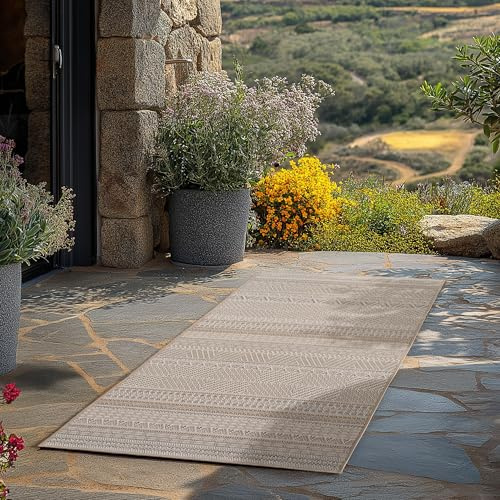 Teppium Outdoor Teppich Beige 80x150 cm Läufer, Wetterfest & UV-beständig, ideal für Küche, Balkon, Terrasse auch Wohnzimmer und Esszimmer, Skandinavisches Boho-Design