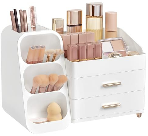 hblife Organizer Trucchi, Porta Trucchi Organizer con Cassetti, Porta Pennelli Make Up, Scatola Cosmetica di Plastica 3-in-1, Scatola di Stoccaggio di Trucco Bianco