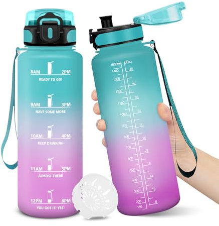 Trinkflasche, 1500ML BPA-Frei, Wasserflasche, Auslaufsicheres Schlossdesign, Trinkflaschen, Mit Zeitstempel, Trinkflasche Kinder Auslaufsicher für Sport, Camping Wasserflasche Kinder - GrünPulver