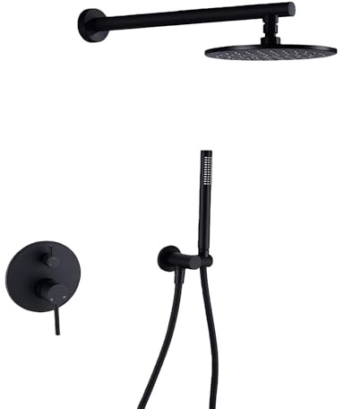 Wanym Duscharmatur Schwarz Matt Unterputz, Messing Regen Duschkopf Badezimmer Dusch Armaturen Set Umsteller Mischer Ventil Duschsystem Regendusche Set Mit Duschkopf Und Brauseschlauch,12inch