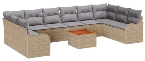 vidaXL 11-teiliges modulares Terrassensofa-Set mit beigen Kissen, Poly-Rattan und grauen Möbeln für Terrasse, Balkon, Gartenmöbel, Lounge und Rasen