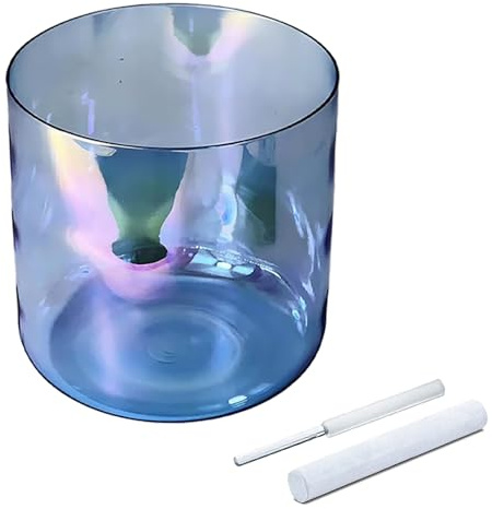 Blue Clear Crystal Singing Bowl for Yoga Meditation & Sound Bath, Quartz Chakra Sound Bowl with Crystal Striker Suede Mallet & O-ring(440Hz,8 inch E note)