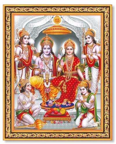 Artcoin Shri Ram Darbar Photo Frame, Hindu Religious Wall Picture of Lord Ram, Sita, Lakshman, Hanuman ji, Decorative Pooja Room & Home Temple Wall Art, Golden. (Small Size- 7.5 x 9.5 Inch)