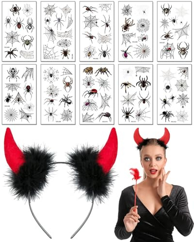 JEXOWIQ Serre Tete Halloween Enfants, Serre Tete Ange Démoniaque, Accessoires Costume Halloween Carnaval Cosplay Fête, Cadeau Ange Halloween Noël Garçons Filles,Livré avec 10 autocollants araignées