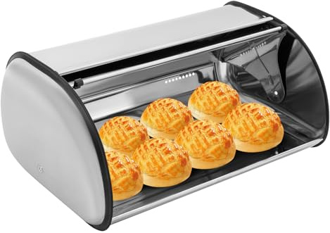 Densony Contenitore per il pane in acciaio inox, 43,5 x 27 x 18 cm, con coperchio, certificato per alimenti, per pane, panini e biscotti, contenitore per il pane in metallo antiruggine