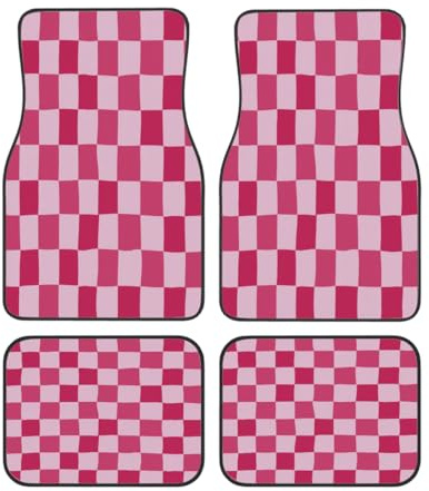 Lot de 4 tapis de sol universels antidérapants pour voiture, SUV, camion - Motif damier rose