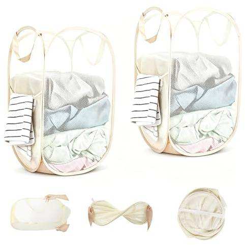 WUFANC Pop Up Wäschekorb Faltbar 2 Stück (36 * 36 * 58cm), aus Netzmaterial, mit Henkel für Badezimmer Camping College Dorm Und Reisen