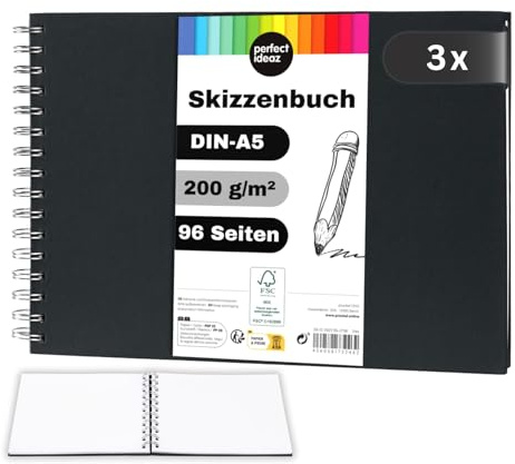 perfect ideaz - 3x Skizzenbuch DIN-A5 Quer, Spiralbindung, FSC® zertifiziert, 96 Seite (48 Blatt), Hardcover Schwarz, Sketchbook, 200 g/m² dickes Papier, säurefrei (3 Bücher)