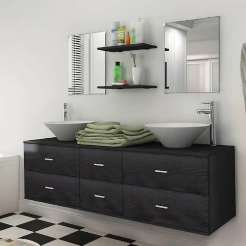 QUAHEAS 7-TLG. Badmöbel Set Schwarz, Holzwerkstoff Waschbeckenunterschrank mit 4 Schubladen, 2 Keramik Waschbecken, 2 Spiegel, 2 Regale, Modernes Badezimmer Waschtisch mit Doppelwaschbecken