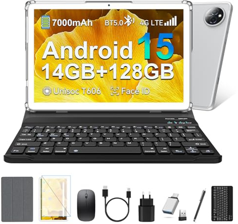 ANTEMPER Tablet, Android 15 Tablet PC mit SIM-Karte Slot 4G LTE Anrufe, 14GB RAM+128GB ROM (1TB TF), Octa-Core, Tablets 10 Zoll Gemini AI, 13MP+8MP, 7000mAh, GPS, Face ID, 2-in-1 Tablet, Silber 2026