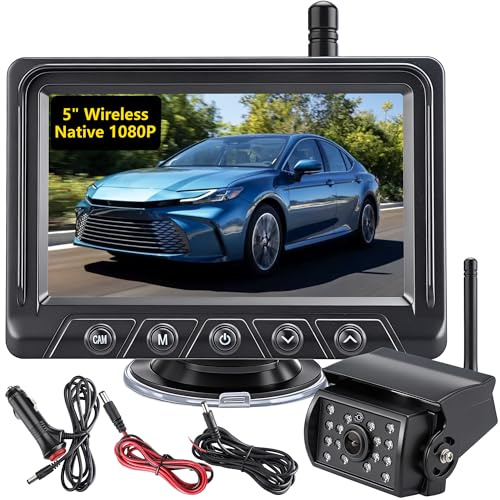GEARCELL Backup Camera 1080P 5in LCD Monitor IR Night Vision IP69K | HD rear view reversing camera, DIY parking guide lines, waterproof, for car truck van pickup SUV RV, wireless, wide angle