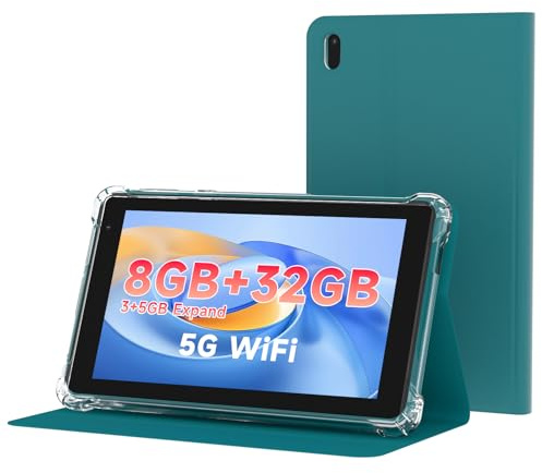 WUIUHOU Tablet Android 15 de 7 pulgadas, tableta con funda, 8 GB de RAM (3 GB + 5 GB extendidos) y 32 GB de ROM, batería de 3000 mAh, cámara dual, WiFi de 2.4 G/5G 6 pestañas, mini tableta portátil