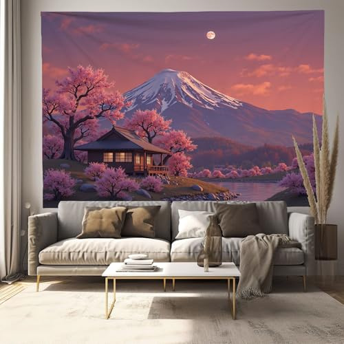DLERFLOVR Haus Im Japanischen Stil Wandbehang 130x150 cm Wandteppich Anime-Stil Wandkunst Aesthetic Wand Tapisserie für Schlafzimmer Wohnzimmer Dorm Decor, Purpurrot