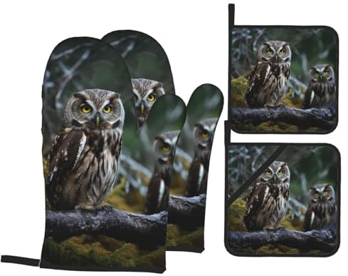 Ofenhandschuhe und Topflappen mit wilden Eulen, 4 Stück, hitzebeständige Ofenhandschuhe und Topflappen, Grillhandschuhe, Hot Pads, Kochhandschuhe für Küche, Backen, Grillen