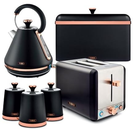Tower Cavaletto 4 Piece Kitchen Set, 3kW 1.7L Pyramid Kettle, 2 Slice Toaster, Bread Bin & 3 x 1.3L Canisters, Black & Rose Gold, EEJB472