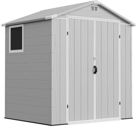 TRIUMPHKEY 6x4 Gartenhaus Kunststoff, 185x121x210 cm Kunststoff Gerätehaus mit Boden, Geräteschuppen, Fahrradschuppen mit Abschließbar Tür, Wetterfest für Terrasse, Rasen und Garten, Hellgrau