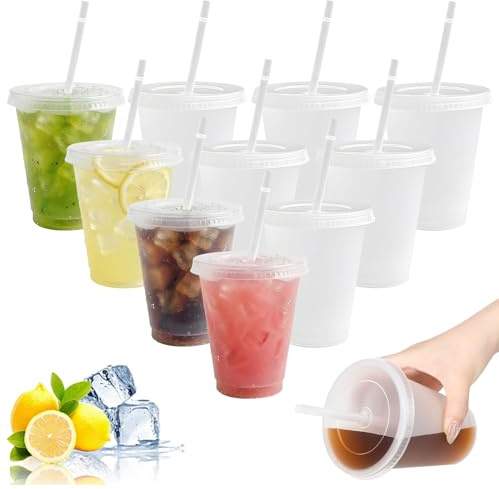 Lekeeu 10 Pieza Vasos de Plástico con Tapas y Pajitas 475 ml/16oz Tazas de Viaje Reutilizables para fiestas y cumpleaños Ideales para Café Helado Cubatas Cerveza Sidra Fiestas Eventos