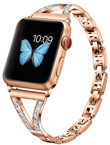 RXXR Women Fashion Smartwatches Straps Compatible with Apple Watch Straps Series 10 42mm, 9/8/7 41mm, 6/SE/SE2/5/4 40mm, 3/2/1 38mm, Rose Gold Bling Diamond Replacement Bracelet Wristband for iWatch