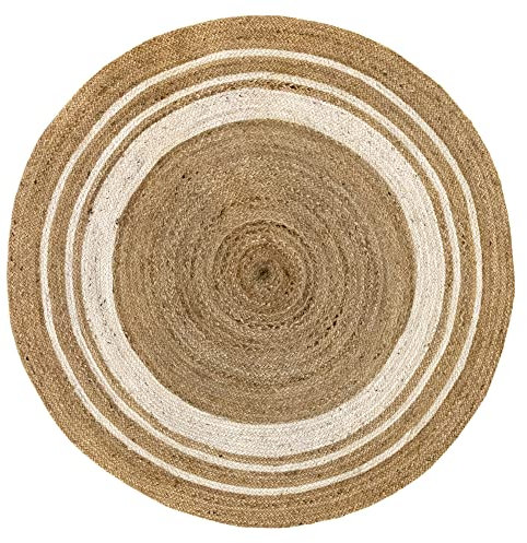 HAMID Jute Teppich Rund, Alhambra Teppich Handgewebt 100% Naturfaser de Jute, Wohnzimmer, Schlafzimmer, Flurteppich, Farbe Natur/Weiß (150x150cm)