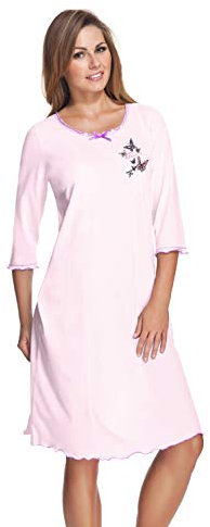 e.Femme® Chemise de nuit 275 pour femme avec manches 3/4, 50 % coton et 50 % modal, Rose, 44