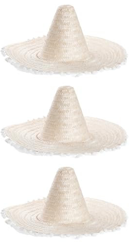 Sombreros mexicanos para adultos, paquete de 3 sombreros de paja natural con bordes de pompón, accesorio de disfraz del Cinco de Mayo de México