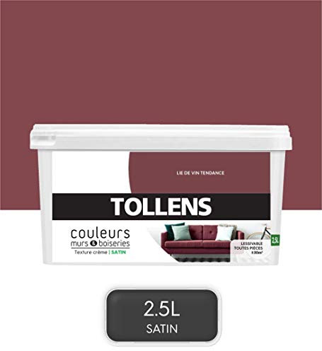 Tollens - Peinture Couleurs - Murs et Boiseries - Toutes pièces - Ultra résistante - Satin - Lie de Vin- 2,5L = 30m2