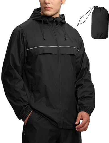 SWISSWELL Mens Waterproof Windbreaker Rain Jacket Lightweight Packable Raincoat with Hood for Golf Hiking Travel Black Large