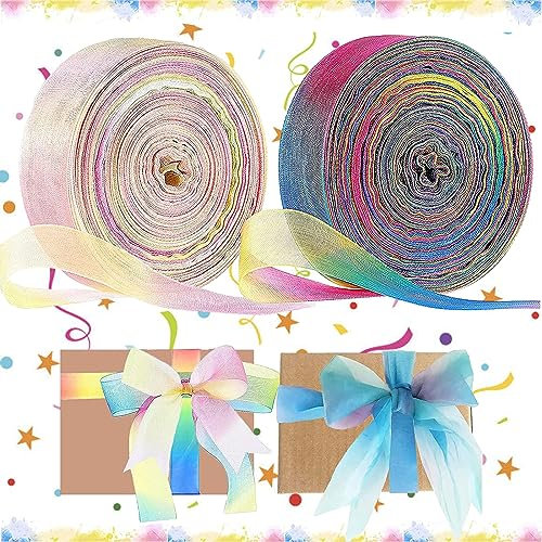 WTpin 2 Stück Regenbogen Geschenkband, Organza Bänder, Regenboge Deko Schleifenband, Schimmer Sheer Seidenband, für Geschenk DIY handgefertigt Schleife Hochzeit Decor