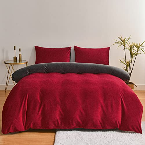 Chanyuan Flauschige Bettwäsche 135x200cm Plüsch Cashmere Touch Rot Weinrot Grau Wendebettwäsche Set 2 Teilig Warm Kuschelig Coral Fleece Bettbezug mit Kissenbezug 80x80cm