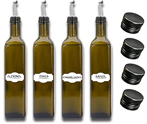 Essig und Öl Spender Set - 4 x 500 ml - Edelstahl-Ausgießer - 14 Etiketten Made in Germany - Auslaufsicher und Tropffrei (4x Antikgrün)