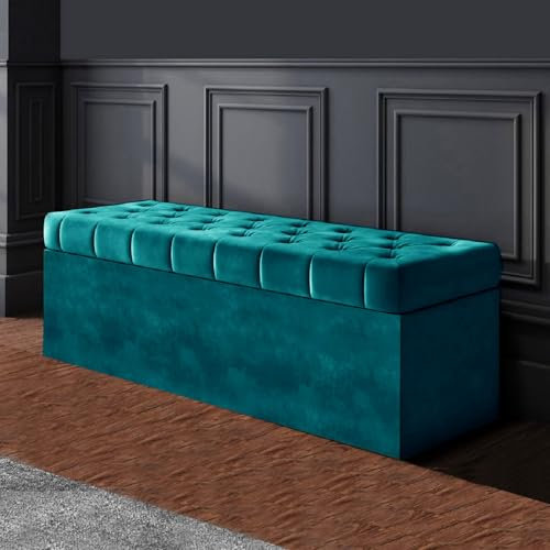 R&M Furnishers SD Chesterfield Ottoman Storage Box – Emerald Green Plush Velvet Storage ottoman- Ottoman Footstool with Storage - Chesterfield Upholstered Coffee Table- End of Bed Storage Bench