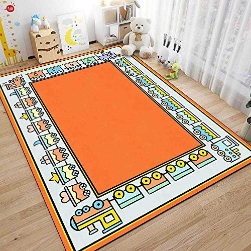 Tappeti Design Kinderzimmer Spielzimmer Kleine Zug-Cartoon-Bordüre in Orange, Rechteckige Kinderzimmerteppiche für Schlafzimmer und Spielzimmer-80x120cm