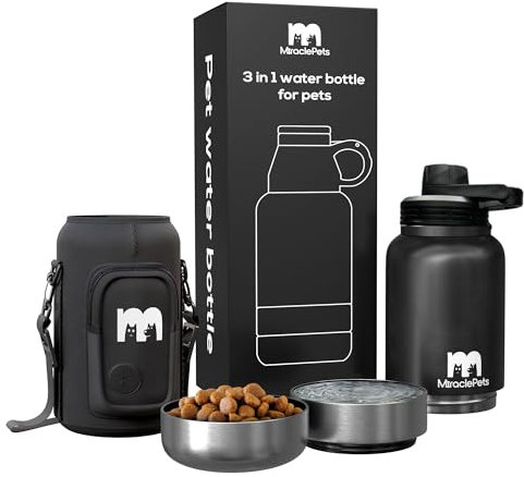 Miracle Pets Botella de Agua para Perros - Bebedero Perro Portatil Incluye Comedero - Botella Termica 1 Litro -Cantimplora Acero Inoxidable - Doble Aislamiento (Negro + Funda) Nueva Modelo Tapón