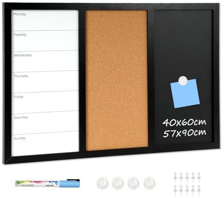 DOLLAR BOSS Magnettafel küche 3 in 1 pinnwand magnetisch 60×90cm magnettafel schwarz kreidetafel memoboard whiteboard korkwand wandtafel kombitafel wochenplaner magnet tafel