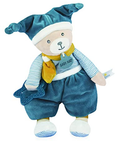 BABY NAT' - Pantin D’Activités Ourson Polochon Bleu - 29 cm - Peluche Doudou Avec Anneau De Dentition, Hochet et Papier Craquant - Idée Cadeau Naissance Pour Bébé Garçon ou Fille - BN0740