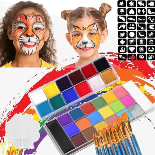 Pinturas Cara para Niños,Zodors Pintura Facial con 32 Plantillas 10 Pinceles 1 Paletas colores Colorantes Naturales Adulto Maquillaje Para Cuerpo Professionale Halloween Carnaval Maquillaje Facial