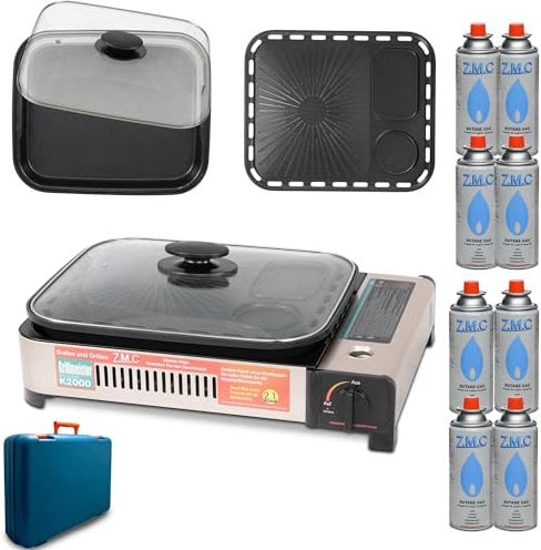 Z.M.C Barbacoa de gas portátil 2 en 1 y hornillo de gas de 2,1 kW con 8 cartuchos de gas de 227 g, incluye plancha, sartén, tapa de cristal y maletín, hornillo de camping y parrilla de mesa con