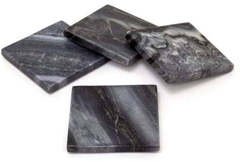 Carousel Home Set Of 4 Square Black Marble Coasters | Natural Stone Marble Coaster Set | 4 Piece Drinks Coasters Cup Mug Table Mats