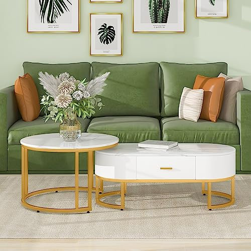 Merax Couchtisch Rund 2er Set Satztische, Moderne Edle Nesting Kaffeetisch Beistelltisch Wohnzimmertisch, Oval Sofatisch mit Schubladen, Metallrahmen, Tischplatte mit Marmormuster, Balkon Büro, Weiß