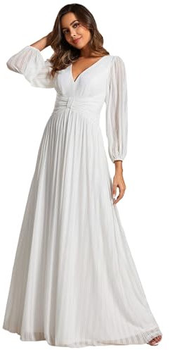 Ever-Pretty Kleid Elegant Damen Festlich Lang Langarm Ballkleid Maxi Hell Abendkleider Elegant für Hochzeit A Line Weiß 40