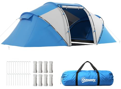 Outsunny Tienda de Campaña Familiar para 4-6 Personas Tienda Camping Plegable Ligero con Bolsa de Transporte Impermeable para Playa Parque Senderismo 430x240x170 cm Azul y Blanco
