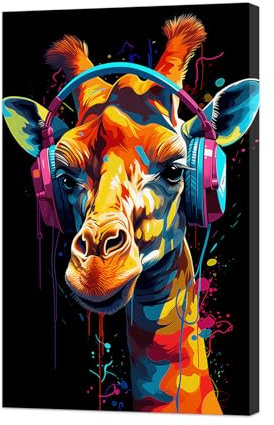 ZXHYWYM Tier Graffiti Wanddekoration Giraffe mit Kopfhörer Leinwandbild bunter Tier Kunstdruck lustige Musik Kunstwerke für das Kinderzimmer mit Rahmen (B (40.00 x 60.00 cms))