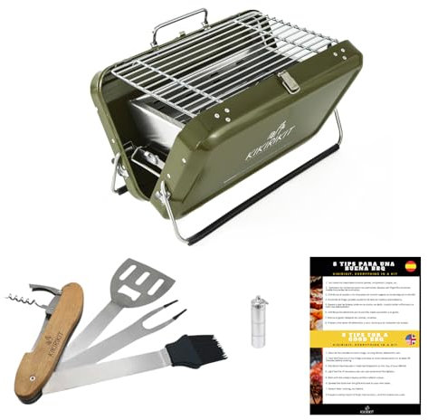 KIKIRIKIT - Barbacoa carbón - Barbacoa portátil carbón- Barbacoa plegable - Kit Barbacoa - Accesorios Camper- Regalo original - Regalos para padres (Verde Caza, Super Kit)