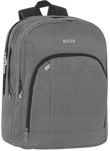 COMIX - Zaino Scuola, Università, Lavoro, 3 Ampi Scomparti, Alloggio Porta PC, Tasca Frontale, Chiusura a Zip e Spallacci Regolabili, 32x43Hx23 cm, 31L, Grigio
