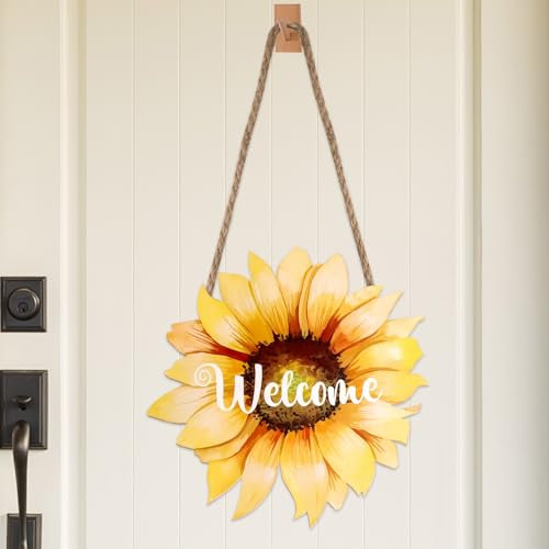DAJISI Sunflower Welcome Door Sign, 8inch Wooden Welcome Door Hanger Flower Wreaths Hanging for Front Door Summer Fall Flower Sign Decoration for Porch Wall Indoor Outdoor
