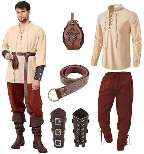 Ulikey Mittelalter Kleidung Herren, Karneval Herren Renaissance Kostüm Set mit Mittelalterliches Piratenhemd, Mittelalter Hose Viking Kostüm, Gürtel, Handgelenkschützer für Faschingskostüme (Braun, L)