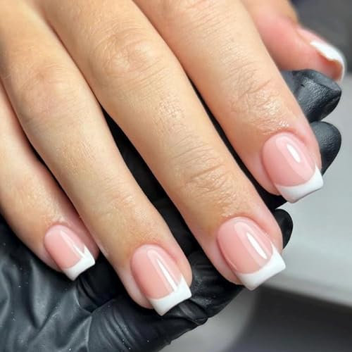 24 Stück Französischer Nägel Zum Aufkleben, Natürlich Acrylic Künstliche Nägel mit Nagelkleber, Weiß Tips Glossy Kunstnägel Selbstklebende Press on Nails für Frauen Nail Art (White French, 24x)
