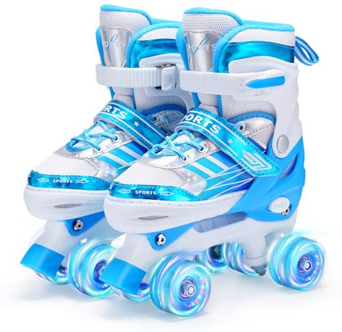 Kinder Rollschuhe für Mädchen Jungen Verstellbare, 8 Light Up Räder Quad Skates für Mädchen Jungen Kleinkind Anfänger Innen und Outdoor (Blau, M (EU32-36))