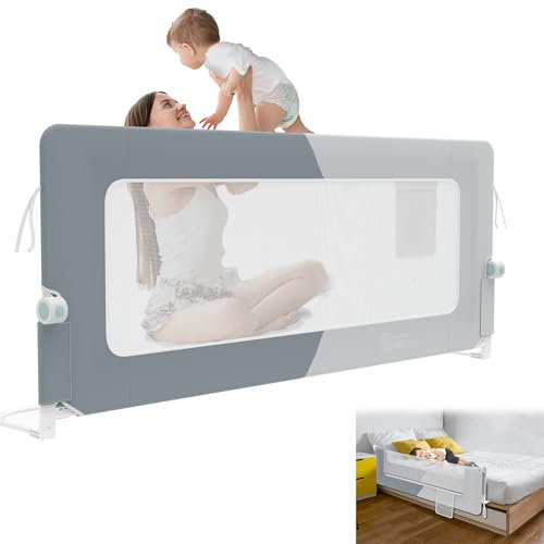 YRHome 180cm Bettgitter Rausfallschutz klappbar 180 Grad drehbar Bettschutzgitter für Kleinkinder luftiges Netz, Höhenverstellbar Rausfallschutz Bett für Kinderbett, Elternbett (Dunkelgrau+Hellgrau)